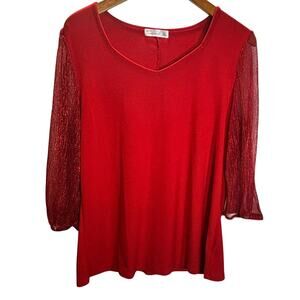 89th & Madison Red Top L Sheer Shimmer Sleeve Blouse Women’s Dressy Holiday
